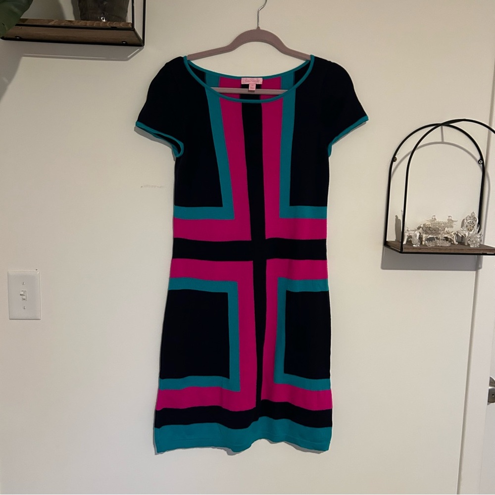 Lilly Pulitzer Isabella Colorblock Mod Geometric Short Sleeve Sweater Mini Dress